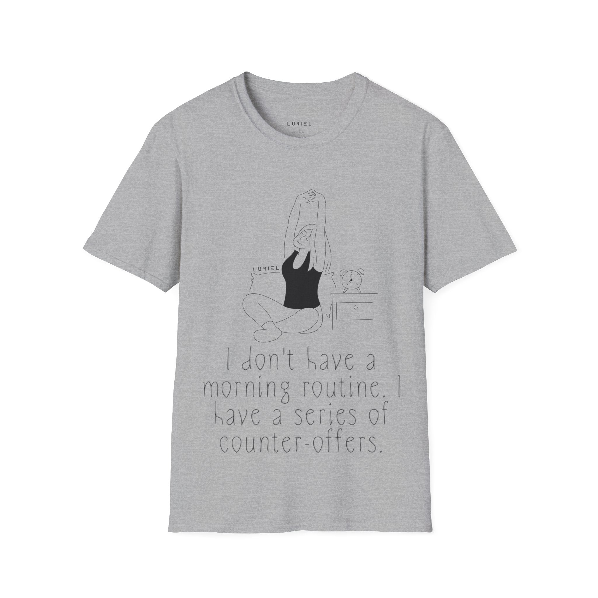 T-Shirt — Minimal Stretching Woman Illustration with 'Don't Have a Morning Routine' Quote