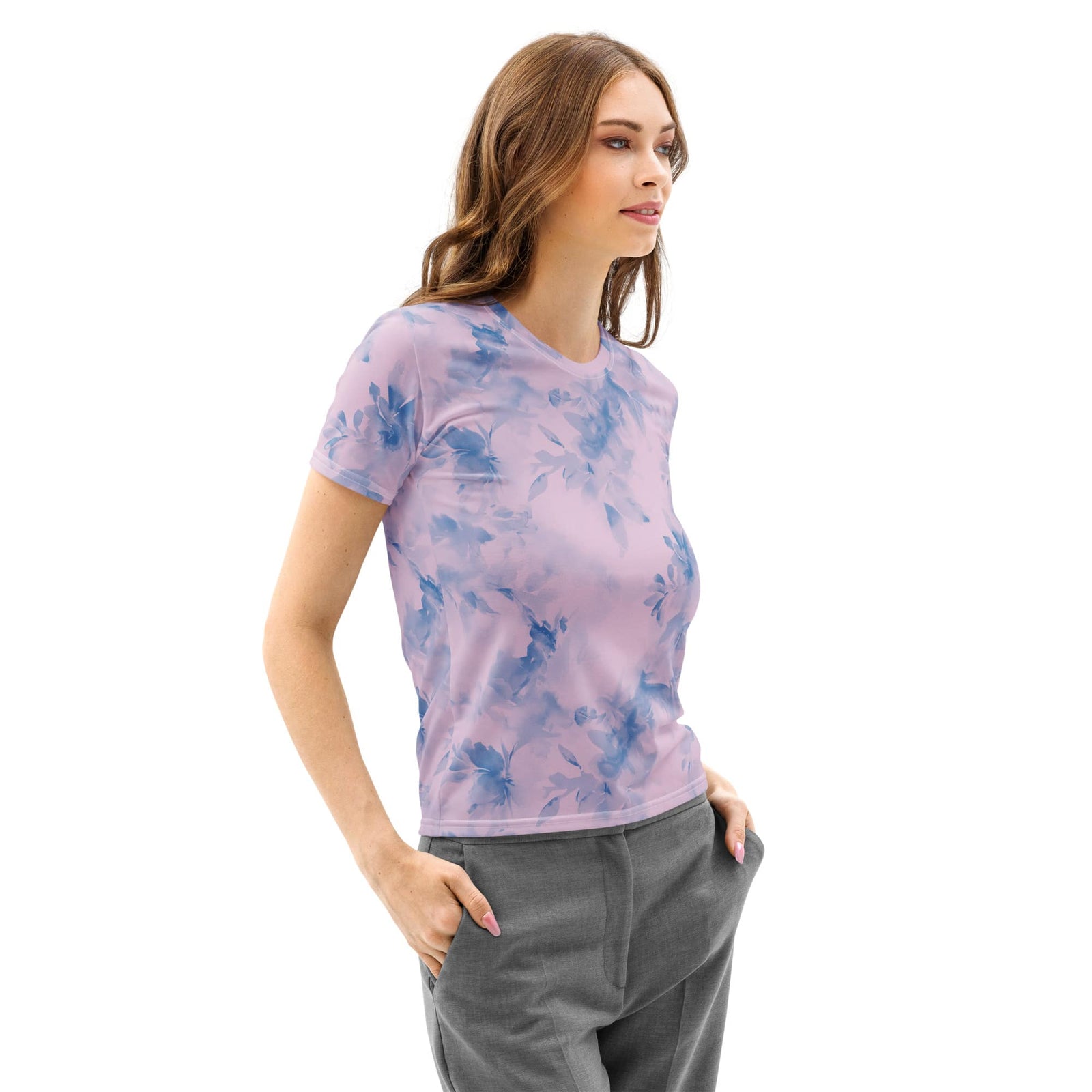 Blue Watercolor Floral Women’s cotton crew neck t-shirt Blue Watercolor Floral Women’s cotton crew neck t-shirt